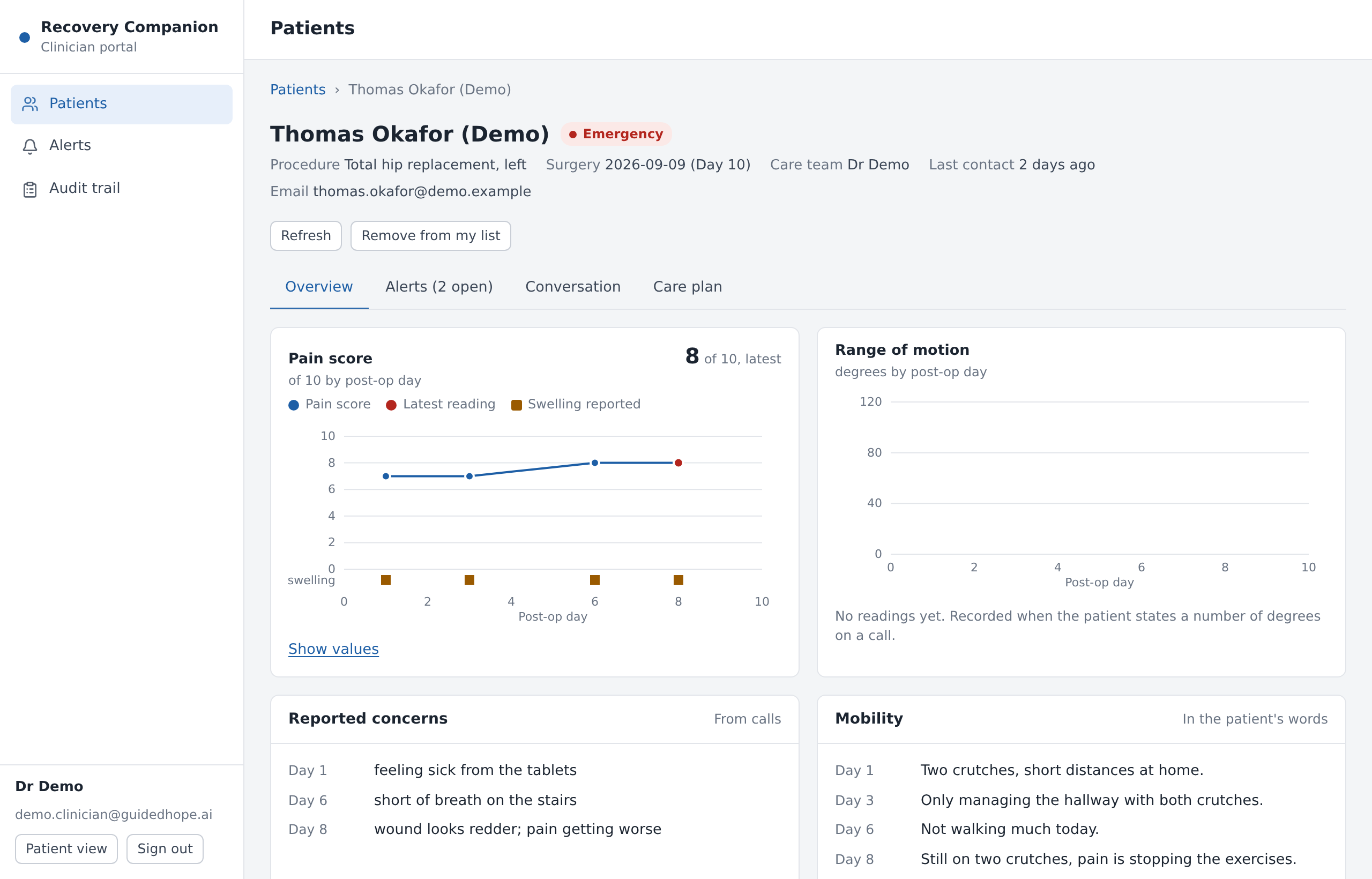 A patient page in the clinician portal: name and status, a summary strip, tabs, a pain score chart with swelling markers, and lists of reported concerns and mobility.