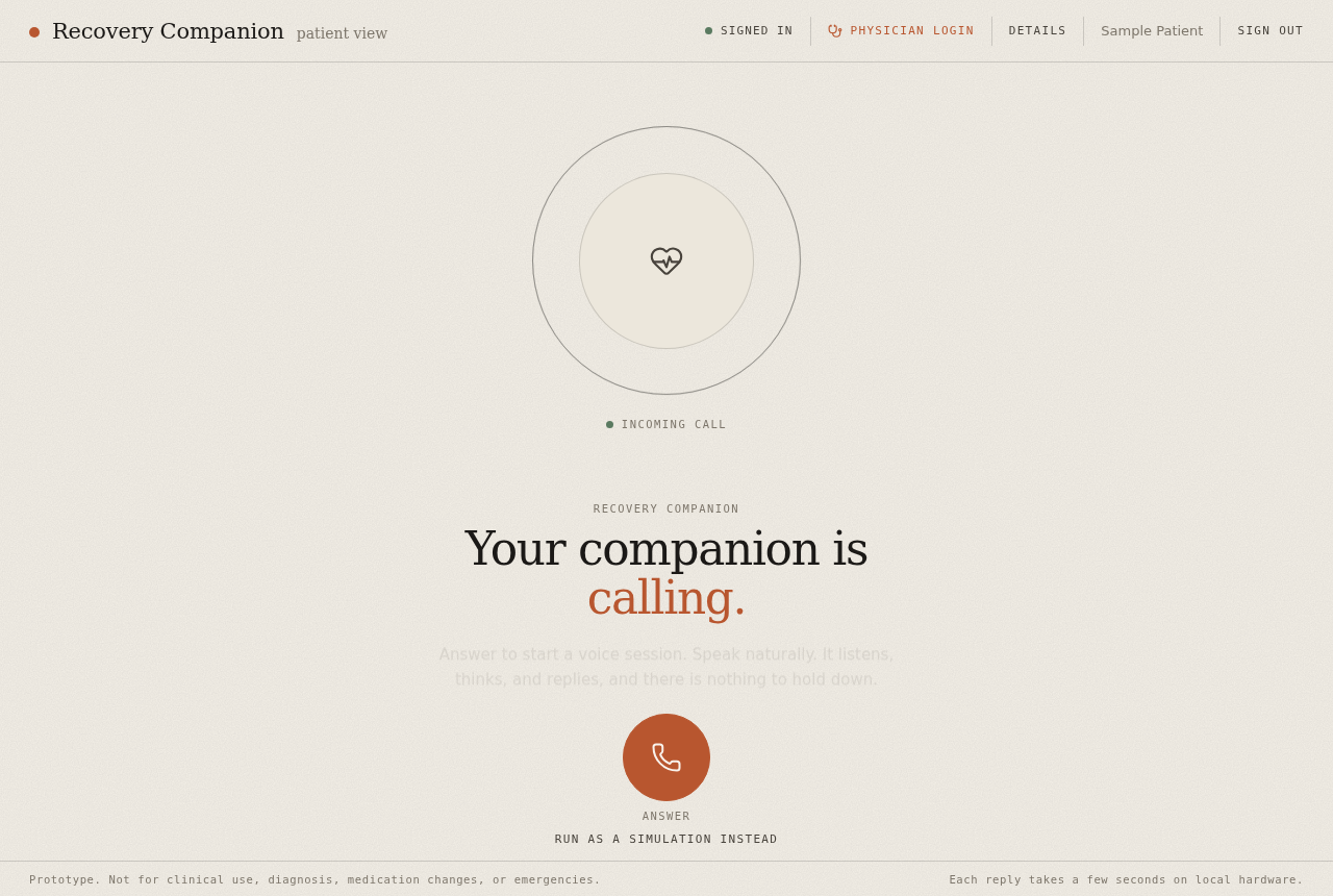 The Recovery Companion call screen: a ringing indicator above the words Your companion is calling, with a single answer button.